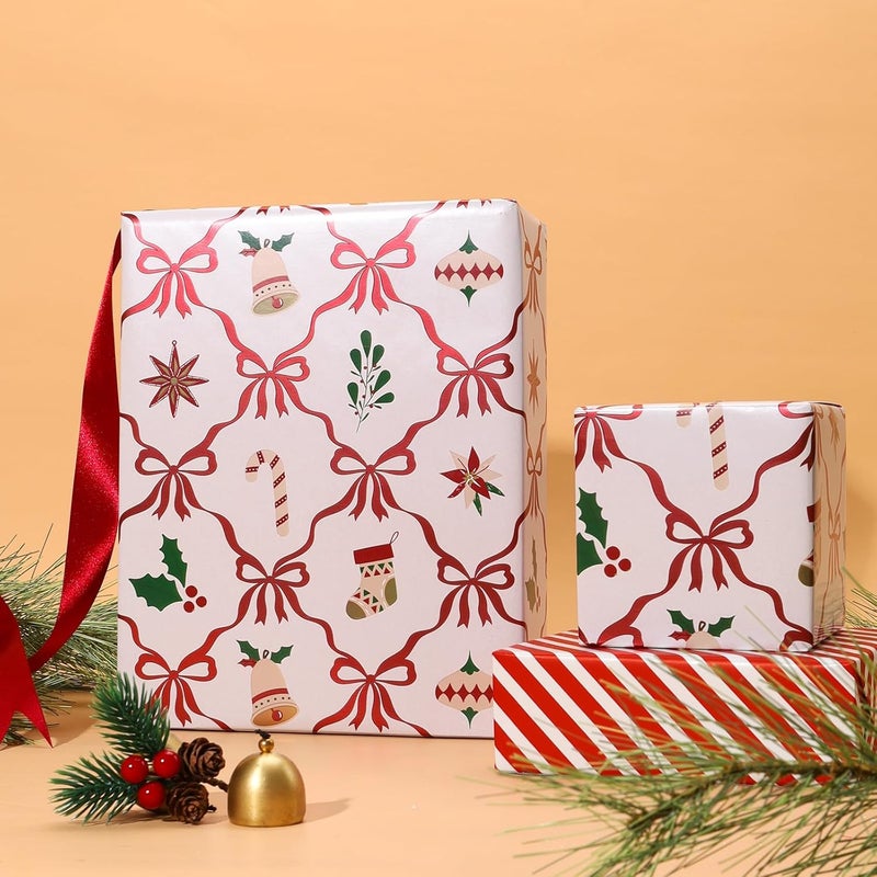 LaRibbons Reversible Foil Christmas Wrapping Paper, Metallic Red Foil Bows with Holly & Stockings Design, Retro Holiday Gift Wrap for Xmas Presents & Decoration, 17 Inch × 33 Feet - Image 4
